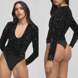 Good American Sequin V-Neck Long Sleeve Bodysuit Black